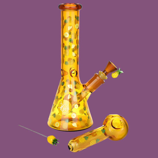 Pulsar Fruit Series Pineapple Express Herb Pipe Glow Duo - 10" / 14mm F